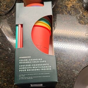 New in Box. Starbucks Color-Changing Cold Cup Set in Red, Yellow, Teal and Coral